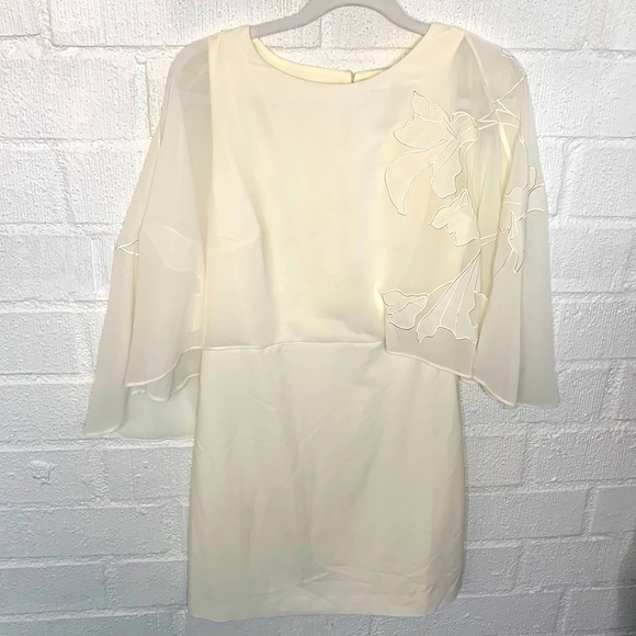 Halston Heritage Cape  Crepe De Chine Mini Off White Embroidered Dress size 2 - Picture 3 of 9